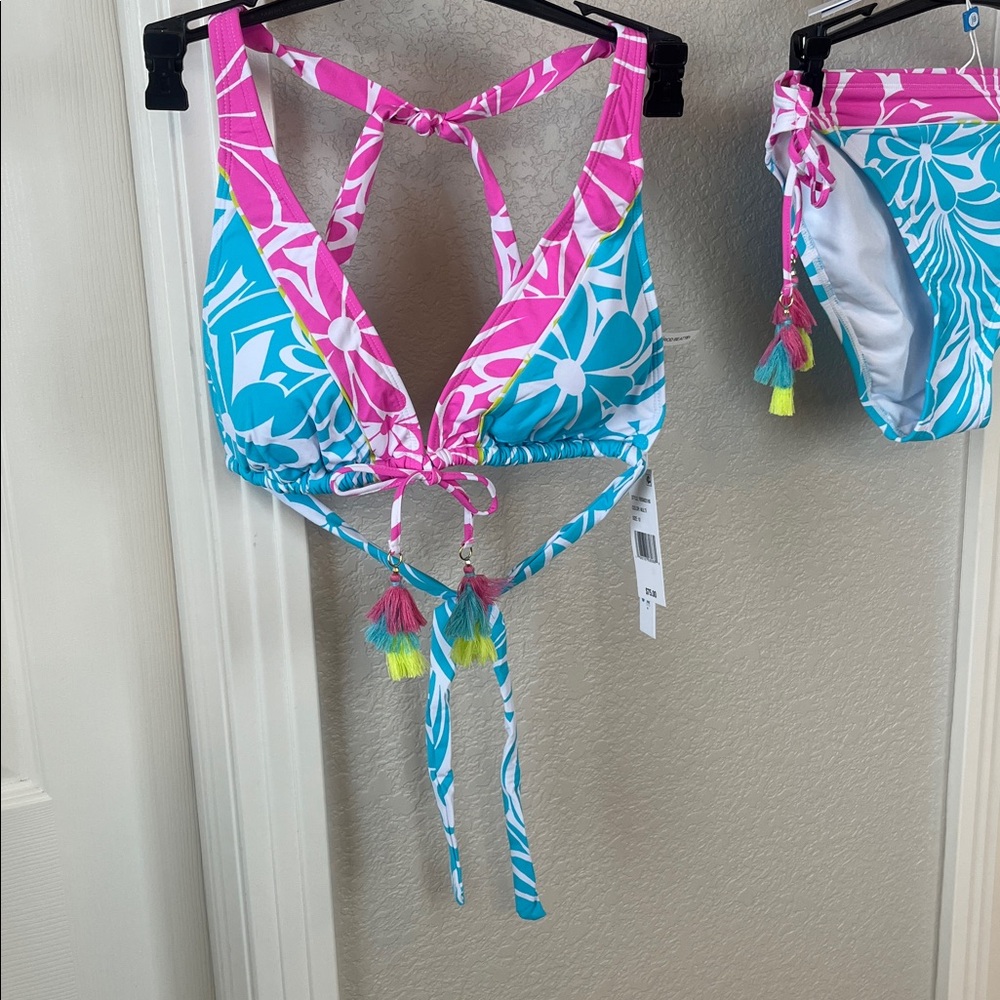 NWT Bleu Rod Beattie Pink Teal and Lime vibrant Poms 2 pc bikini set size 10 - Picture 4 of 13